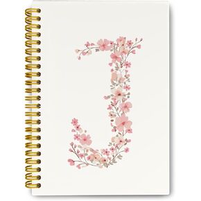 Preppy Pink Personalized Notebook Initial Letter J Journaling Notebooks, Monogrammed Gifts for Women Girls, Pink Floral Hardcover Spiral Notebook, Notebooks College Ruled 5.5 x 8.3