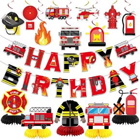 Fire Truck Birthday Party Decorations, Fire Truck Themed Decorations Including Happy Birthday Banner Hanging Swirls Honeycomb Centerpieces, Fire Truck Birthday Party Supplies