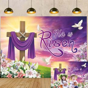 Easter He is Risen Backdrop 6x4FT Jesus Resurrection Cross lily Photography Background for Christian Easter Party Decoration Supplies Photo Booth Props (1.8 x 1.2m)
