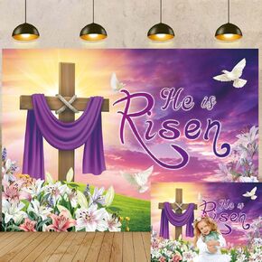 Easter He is Risen Backdrop 6x4FT Jesus Resurrection Cross lily Photography Background for Christian Easter Party Decoration Supplies Photo Booth Props (1.8 x 1.2m)