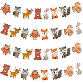 4 Pcs Woodland Animals Banner Assembled Woodland Party Decorations Forest Decor Woodland Creature Banner Forest Animal Garland for Woodland Birthday Party Supplies