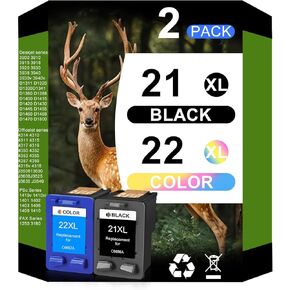 Remanufactured 21 22 Ink Cartridge Replacement for HP 21 XL 22 XL 21XL 22XL Combo Pack Used with HP OfficeJet 5610 4315 J3680 DeskJet F2210 F4180 F300 F335 PSC 1410 Printer (1 Black, 1 Color)