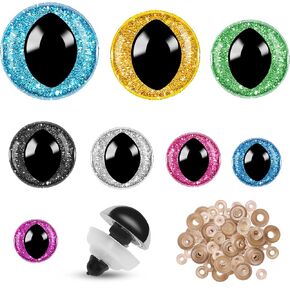 KIGEAPUEL 160 Pcs Glitter Safety Eyes for Amigurumi with Washers Cat Crocheting Eyes Tool Safety Eyes for Craft Doll Eyes for DIY Halloween Decoration(Cat Eyes)