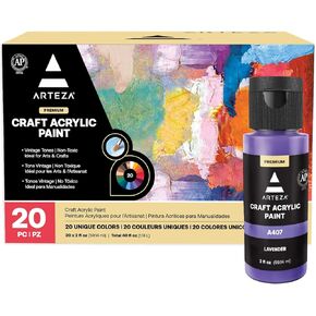 ARTEZA Craft Acrylic Paint Set, Set of 20 Vintage Tones Acrylic Craft Paint, Artist Paints Art Supplies for Glass, Wood, Ceramics, Fabrics, Leather