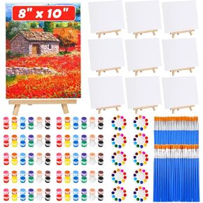 10Pack 8x10 Inch Canvas and Easel Set, Art Canvas Bulk with Easel Stand, 12 Colors Mini Acrylic Paint Set, Small Paint Brushes, Paint Trays, Canvas Painting Kit for Adults Kids Couples Paint Party