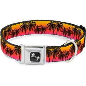 Dog Collar Seatbelt Buckle Palm Trees Sunset Fade Black 15 to 26 Inches 1.0 Inch Wide, Large, DC-W34296-L