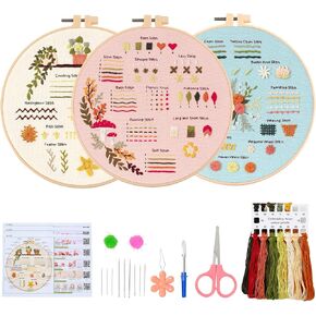 3 Sets Embroidery Kits for Beginners Adults with Instruction&Video - Embroidery Kit,Learn 33 Different Stitches DIY Kits,Needlepoint Kit with Stamped Embroidery Patterns,Hand Craft Hobby Stitching Kit