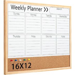 16 x 12 Inch Wall Mounted Magnetic Dry Erase Weekly Calendar Corkboard for Wall Office Fridge Weekly Planner Calendar Bulletin Board Daily Planner Whiteboard 2 In1 Board Cork Board Combo