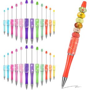 Kosiz 24 Pieces Beadable Bulk Beaded Pens Plastic Beadable Diamond Making Kit DIY Ballpoint Colorful Colorful Bead Black Ink Pens for Presents Office Gifts Supplies(Multicolor)
