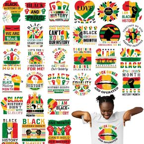 Lyrow 30 Pcs Black History Month Iron on Transfer Stickers Black History Decals Heat Transfer Vinyl Patches for Clothing Jeans Backpacks Pillow DIY Decoration Applique