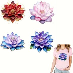 4pcs Floral Lotus Flower Iron On Transfers for T-Shirts Rub on Transfers Stickers Vinyl Ready to Press Stickers Iron on Decals for T-Shirts Clothing Hoodie DIY Crafts