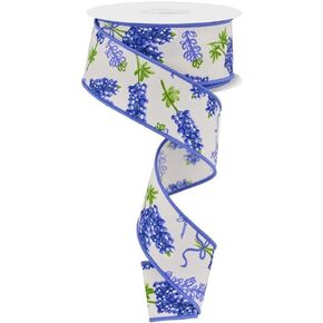 Craig Bachman 1.5" Bluebonnets Pattern Ribbon: Ivory (10 Yards) - Floral Gift Wrapping Crafting Wired Ribbon