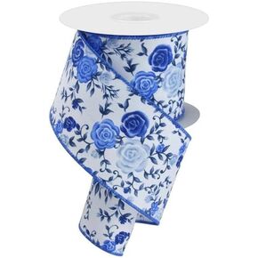 Floral Roses on Royal Canvas Wired Edge Ribbon - 10 Yards (White, Multi Blue, 2.5")