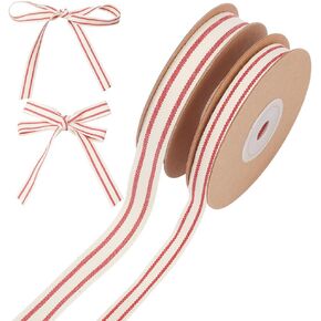 WADORN 20 Yard Red Natural Cotton Striped Ribbon, 3/8 Inch 5/8 Inch Wide Handmade Cotton Ribbon Fringe Red White Stripe Ribbon for DIY Craft Gift Wrapping Wedding Bouquets Birthday Christmas