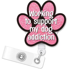 ERHACHAIJIA Working to Support My Dog Addiction Retractable Purple Glitter Badge Reel with Clip, Funny Footprint ID Card Badge Holder Gift for Nurses Doctors Office Worker Colleague Dog Lovers