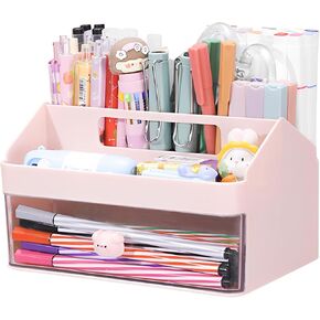 Marte Vanci Desk Organizer مع 3 أدراج ، منظم قرطاسية سطح المكتب ، صندوق تخزين للمكياج البلاستيكي ، ملحقات مكتب متعددة الوظائف مرتبات Caddy للوازم الفني الحرف الوردية
