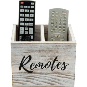 MyGift 6 Inch Tabletop Universal Remote Control Holder Organizer, Whitewashed Solid Wood Remote Caddy with 2 Slots and Black Cursive Remotes Lettering, Storage Box for TV, DVD Remote Controls
