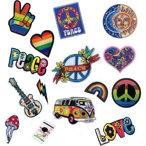 14 PCS Iron on Patches for Clothing, Embroidered Decoractive Applique with Sewing Kit for Backpack Jackets Jeans Shirt, Sew on DIY Vintage Patches for 1970s Party, Hippie Aesthetic