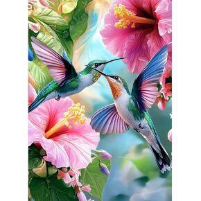 MEIYUDA Hummingbirds Diamond Painting Kits for Adults, 5D DIY Birds Flower Full Drill Diamond Art for Adults Beginners, Crafts Kits for Home Wall Decor Present 12×16inch