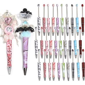 30Pcs Plastic Beadable Pens,Cheetah Print Ballpoint Pens, Animal Shaped Feather Design Tops, Black Ink, Suitable for DIY Making, Gift for Kids Students Office School (Stripe, 30)