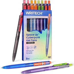 WRITECH Gel Pens Fine Point: 0.5mm Retractable Black Ink Pen 8ct Quick Dry No Smear Smooth Writing Silent Click for Journaling Cyberpunk Up-Gel