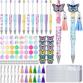 12 Pcs Plastic Beadable Pens Butterfly Themed Bead Ballpoint Pen with Assorted Spacer Silicone Beads Tassels Lobster Clasps and Packaging Bags for Office School Kid Gifts, Black Ink