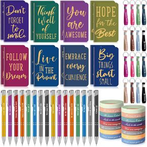 PerKoop 64 Pcs Inspirational Gifts Bulk 16 Motivational Notebooks Journal 16 Ballpoint Pens 16 Positive Wristbands 16 Keychains for Teacher Office Women Employee Party Favor(Classic)