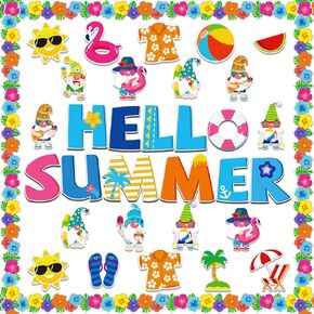 Hello Summer Cutouts Bulletin Board Decorations, Hawaiian Luau Gnomes Paper Cutouts Flamingo Beach Bulletin Trim Board Border Stickers Teacher Supplies for Classroom School Kindergarten
