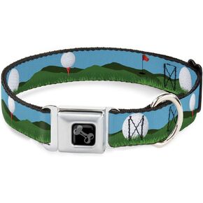 Dog Collar Seatbelt Buckle Golf Course Balls Holes Blues Greens 15 to 26 Inches 1.0 Inch Wide, DC-W33300-L