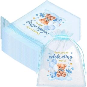 LXKBD 50PCS Organza Bags for Baby Shower Party Favor,4x6 Inch Small Blue Sheer Drawstring Mesh Pouch for Boy Birthday Gift Bag