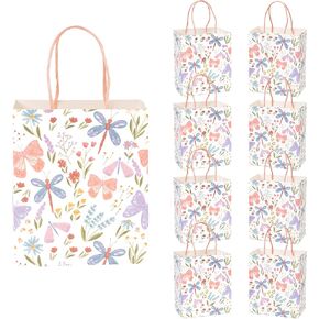 Cheerland Butterfly Dragonfly Flower Favor Gift Bags Wildflower Pastel Goodie Treat Bag for Floral Garden Woodland Spring Theme Tea Party Supplies Birthday Baby Shower Picnic Decorations Pack of 8