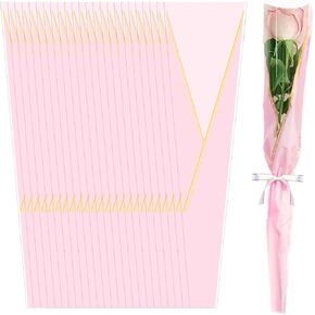 Gloreyan 100pcs Single Flower Sleeves Wrapping Bags White Single Rose Florist Bouquet Packaging Bags Golden Edge Cellophane Flower Sleeves for Floral Arrangement Supply Wedding Valentine's Day
