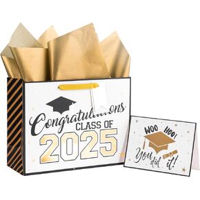 Loveinside Royal Blue and Gold Graduation Gift Bag - Congratulation Class of 2025 Design with Tissue Paper, Greeting Card and Tag for Class of 2025 Graduation Party - 13" x 5" x 10", 1 Pcs