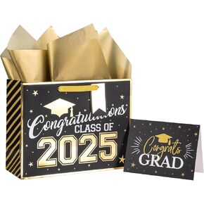 Loveinside Royal Blue and Gold Graduation Gift Bag - Congratulation Class of 2025 Design with Tissue Paper, Greeting Card and Tag for Class of 2025 Graduation Party - 13" x 5" x 10", 1 Pcs