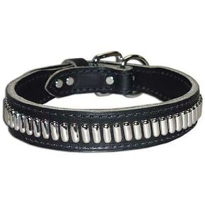 Oblong Studded Latigo Leather Dog Collar, Black, 1.25" x 21"