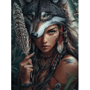 Kaliosy 5D Diamond Art Kits for Adults Beautiful Wolf by Number Kits, Diamond Painting Art Woman Animal DIY Full Drill Crystal Craft Cross Stitch Embroidery Decoration (12x16 inch) 30x40 cm