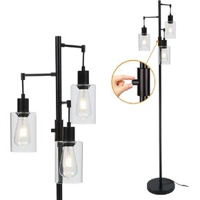 Industrial Tree Floor Lamp - Black, Dimmable Farmhouse Standing Lamp with Clear Glass Shade
