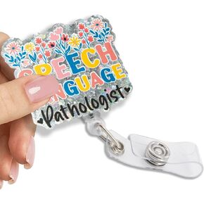 Speech Language Pathologist Glitter Retractable Reel ID Card Clip, Funny Flower Badge Reel Gifts for Doctor Speech Language Pathologist, Graduation Gifts for SLP Student, Appreciation Gifts