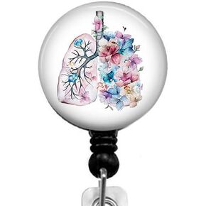 Watercolor Flowers and Lungs Badge Reel,Retractable Name Card Badge Holder with Alligator Clip, Medical MD RN Nurse Badge ID,Office Employee Name Badge, Badge Holder, Black, Small