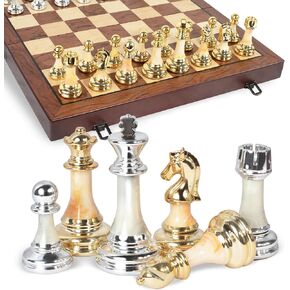 16.5" Wooden Chess Set with Weighted Acrylic Chess Pieces,Folding Board with Handle 3.5" King Portable Classic Game for Adults and Kids