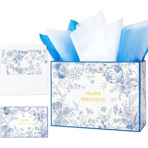 Crisky 13" Large Happy Birthday Gift Bag with Tissue Paper and Card for Women, Blue Floral Bags with Handles for Party (Gold)