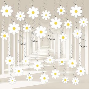 30 PCS Daisy Flower Hanging Swirls White Daisy Foil Swirls Ceiling Hanging Decorations Boho Daisy Flowers Swirls Streamers for Boho Groovy Spring Flower Birthday Party Baby Shower Supplies