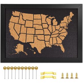 خريطة لوحة Cork Cork Black Frame of United State ، 14 "× 11" لوحات للنشرات للجدران مع 10 دبابيس ، وخريطة تعقب السفر للمكتب والمدرسة والمنزل (الولايات المتحدة-2636 ، ب) ب)