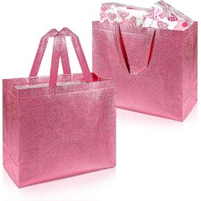 PHOGARY 15pcs Gift Bags with Handles (Pink Glitter), Stylish Party Bags for Birthday Bachelorette Wedding Party Favor Bridal Shower Wrap, Reusable Goodie Bags