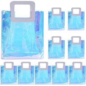 MQACPUPY 10Pcs Holographic Small Gift Bags|Iridescent Tote Bag&Makeup Bag|Durable PVC Gift Bags with Handles in Bulk
