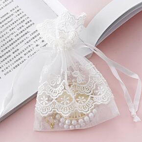 50PCS Lace embroidery gift bagsOrganza Gift Bags Lace Organza Drawstring Bags for Wedding Party Favors Supplies Bridal Shower Baby Shower Jewelry Pouches White