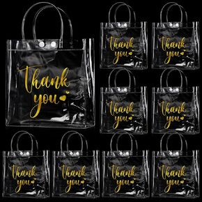 Clear Thank You Gift Bags with Handle Clear Plastic Gift Bag Transparent PVC Gift Bag for Wedding Birthday Party Favor, 8 x 8 x 3 Inch(30 Pcs)