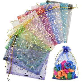 SHRJ 100pcs 10 Colors Organza Sheer Bags with Drawstring for Wedding, Valentine, Halloween, Christmas, Thanksgiving, Birthday Party Candy Gift Supplies, Moon Star, 5" x 7"