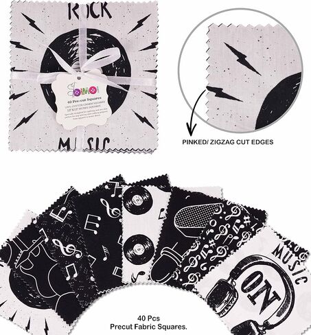 Soimoi Precut 10-inch Rock Music Prints Cotton Fabric Bundle Quilting Squares Charm Pack DIY Patchwork Sewing Craft- White & Black in Kuwait
