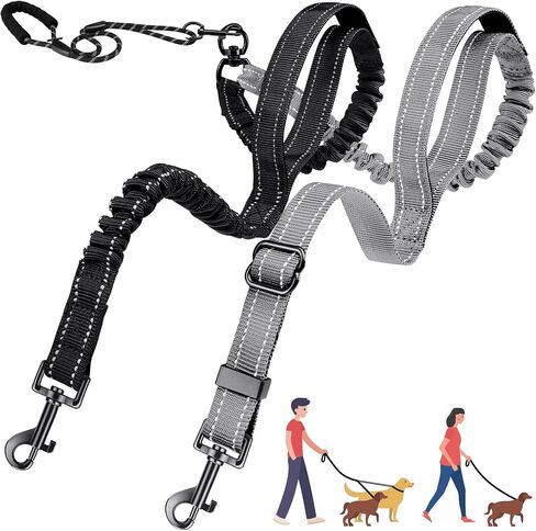 Double Leash for Two Dogs, No Tangle 360° Swivel Dual Dog Leashes with 4 Handles, Super Lightweight for Puppy, Reflective Adjustable Strap and Shock Absorbing Bungee in Kuwait